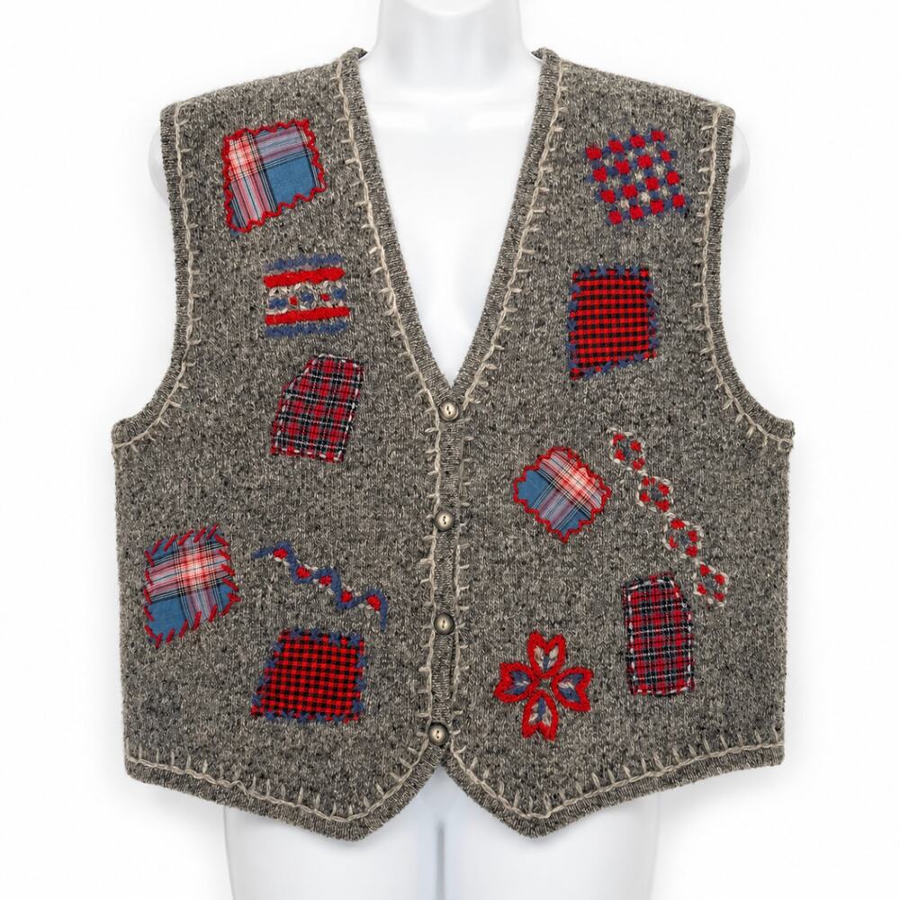 Vintage Robert Scott Ltd Wool Sweater Vest XL Gray Patchwork Plaid Cottagecore
